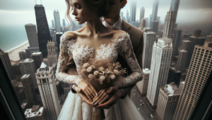 Central focus a couple deeply in love, framed by the city's iconic skyline. The bride wears a Lace Lavene gown